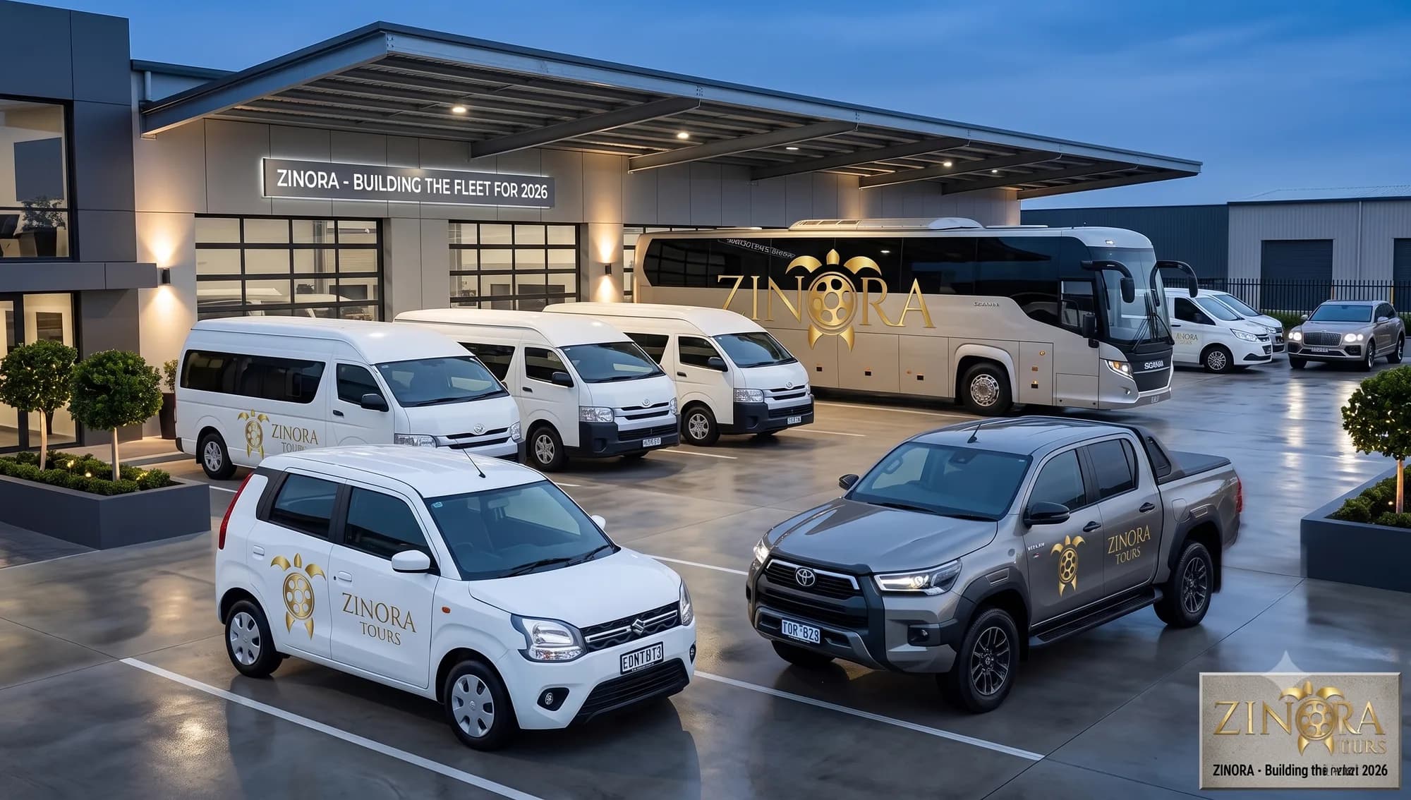 The Zinora Tours fleet lined up outside the depot, from compact cars to a full-size coach