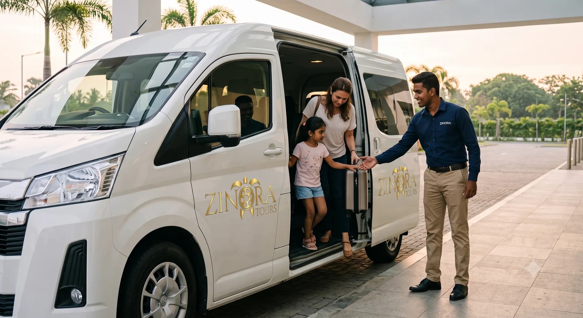 A Zinora Tours chauffeur welcoming a family and helping with their luggage beside the branded van