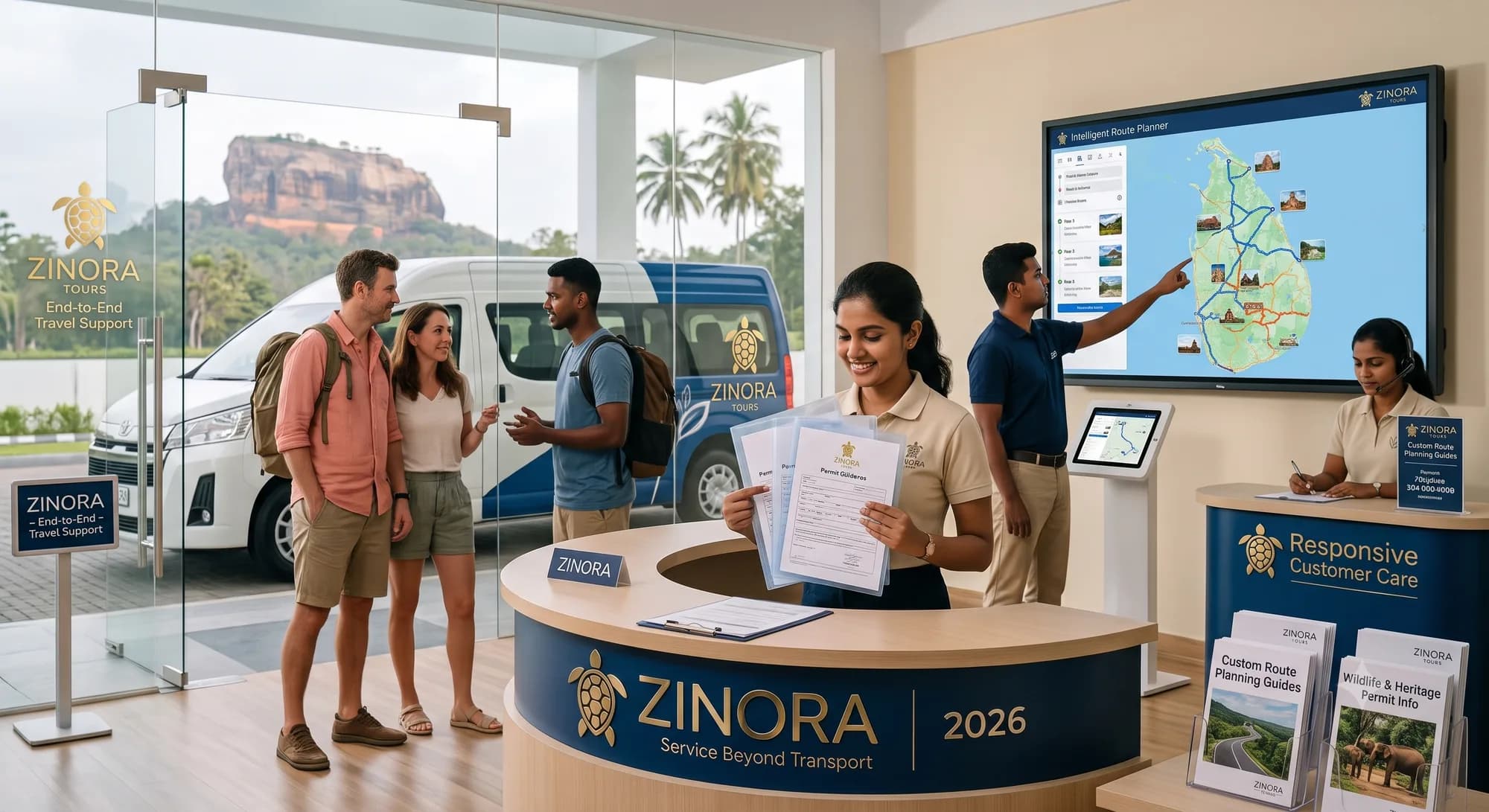 Zinora Tours staff assisting guests at the front desk with route planning and travel documents